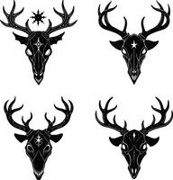 Set of black deer skull silhouettes with stars in gothic style vector