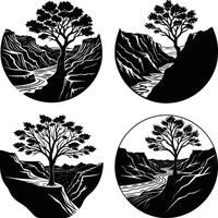 Black and white canyon landscape with tree silhouette in circular frames vector
