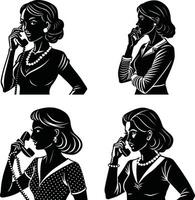 Retro women talking on the phone silhouette illustration set vector