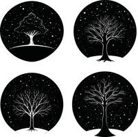 Black and white illustration set of trees under a starry sky vector