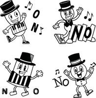Retro cartoon characters dancing and playing music with a top hat on vector