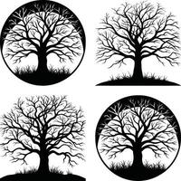 Collection of black and white silhouette trees with circular borders and isolated shapes vector