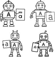 Line art collection of educational robots holding uppercase and lowercase letters vector