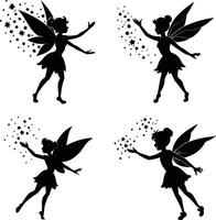 Silhouette set of fairies flying with magic stars isolated on white background vector