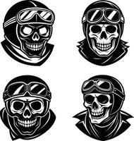 Monochrome illustration featuring four different skulls wearing motorcycle helmets and goggles vector