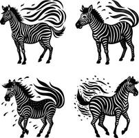Zebra silhouette set black and white stylized illustrations of different zebra poses vector