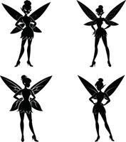 Four black silhouette fairies with wings isolated on a white background vector