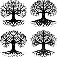 Collection of black and white tree illustrations with intricate branch structures vector