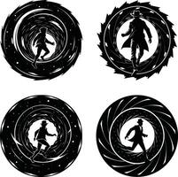 Black and white silhouette of figures running through time tunnel design elements vector
