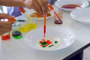 Thai students conducted an experiment on surface tension by dropping dishwashing liquid into different colors of water. This causes the color in the liquid to move around like a dance. photo
