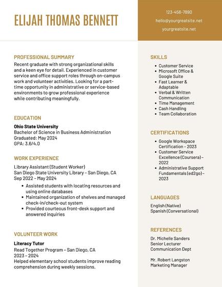 Fresh Graduates Part-Time Jobs Resume Template for Business Administration