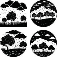 Black and white weather scenes featuring trees clouds and raindrops illustration vector