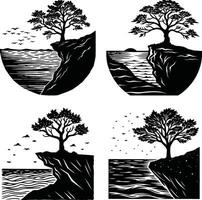 Four black and white landscape sceneries with trees on cliffs and ocean views vector