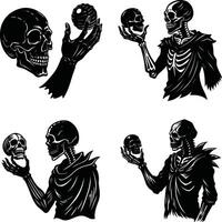 Illustrations of skeletons holding skulls and orbs in black and white vector