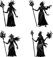 Black silhouette of four fantasy goddesses holding flaming scepters on white background vector