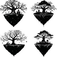 Four fantasy floating islands with trees and structures in black and white vector