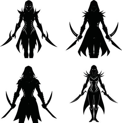 Four black silhouette variations of a female assassin character holding swords