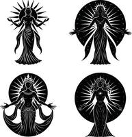 Goddess figures in black and white illustration decorative set vector