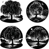 Weeping willow tree silhouette collection in circular and open arrangements vector