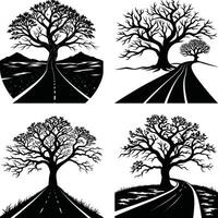 Set of four landscape elements trees and roads illustrations vector