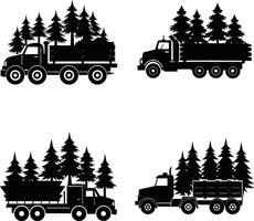 Logging trucks with pine trees black and white illustration vector