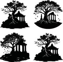 Silhouette illustrations of ancient ruins with trees in a format vector
