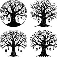 Black silhouette trees with lanterns illustration set for design vector
