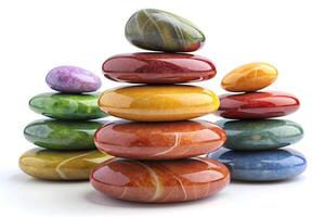 A stack of colorful polished stones arranged in a balanced and serene manner, showcasing their vibrant hues and smooth textures. photo