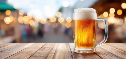 Cold beer mug filled with golden beer and foam on wooden table with blurred crowd and warm lights in background creating cozy atmosphere photo