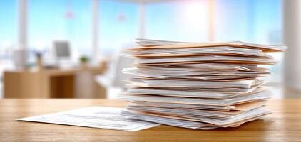 Large stack of cluttered paper documents on wooden desk in bright office with sunlight creating warm and busy atmosphere photo