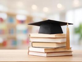 Graduation cap with tassel placed on stack of books on wooden table, symbolizing education and academic achievement photo