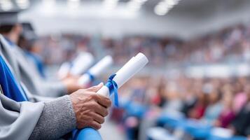 Graduates holding diplomas with blue ribbons during ceremony, celebrating achievement and success in academic setting photo