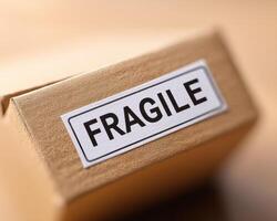 Fragile label on brown cardboard box closeup, emphasizing careful handling and delicate contents in warm lighting photo