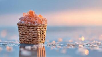 Pink salt crystal in small woven basket on reflective surface with soft warm light creating calm and natural atmosphere photo