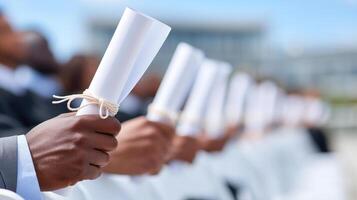Closeup of hands holding diplomas during graduation ceremony with blurred background and joyful atmosphere photo
