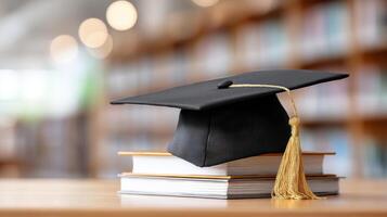 Graduation cap with golden tassel resting on stacked books in bright library setting, symbolizing academic achievement and success photo