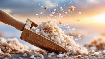 Coarse salt falling from wooden scoop with natural light creating warm and textured scene full of salt crystals and rustic charm photo