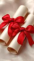 Two elegant diploma scrolls tied with bright red ribbons on soft satin surface, symbolizing achievement and celebration photo
