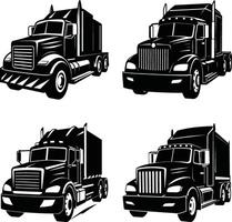 Collection of black and white semi truck illustrations on white background vector