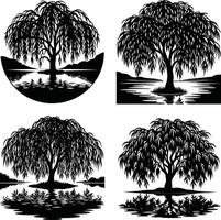 Set of willow tree silhouettes with lake reflections in various shapes vector