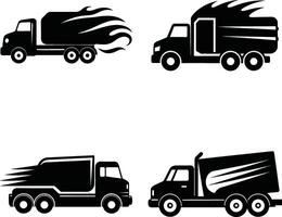 Black and white illustration of delivery trucks with decorative elements set vector