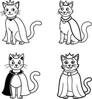 Four outlined cats wearing crowns and capes in cartoon style vector