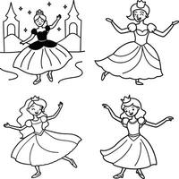 Cartoon princesses dancing in different outlines illustration collection vector