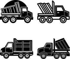 Black and white illustration of four different heavy construction dump trucks vector