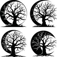 Silhouette trees in front of crescent moon black and white set vector