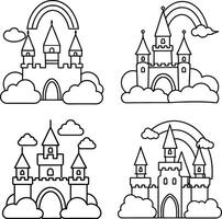 Cartoon fairy tale castles outline with rainbows and clouds collection vector