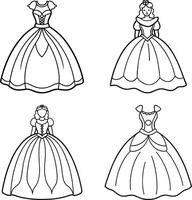 Collection of outlined ball gowns suitable for coloring book pages vector