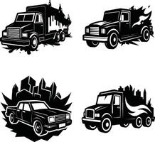 Four black and white automotive illustrations featuring trucks and a car vector