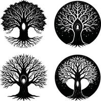 Four black and white graphic illustrations of mystical trees with shapes on their trunks vector