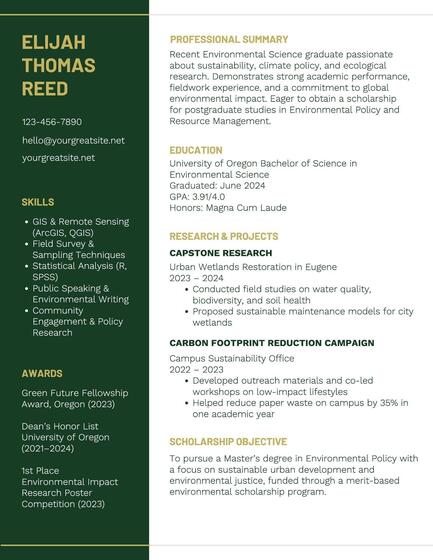 Fresh Graduates Scholarship Resume for Environmental Science